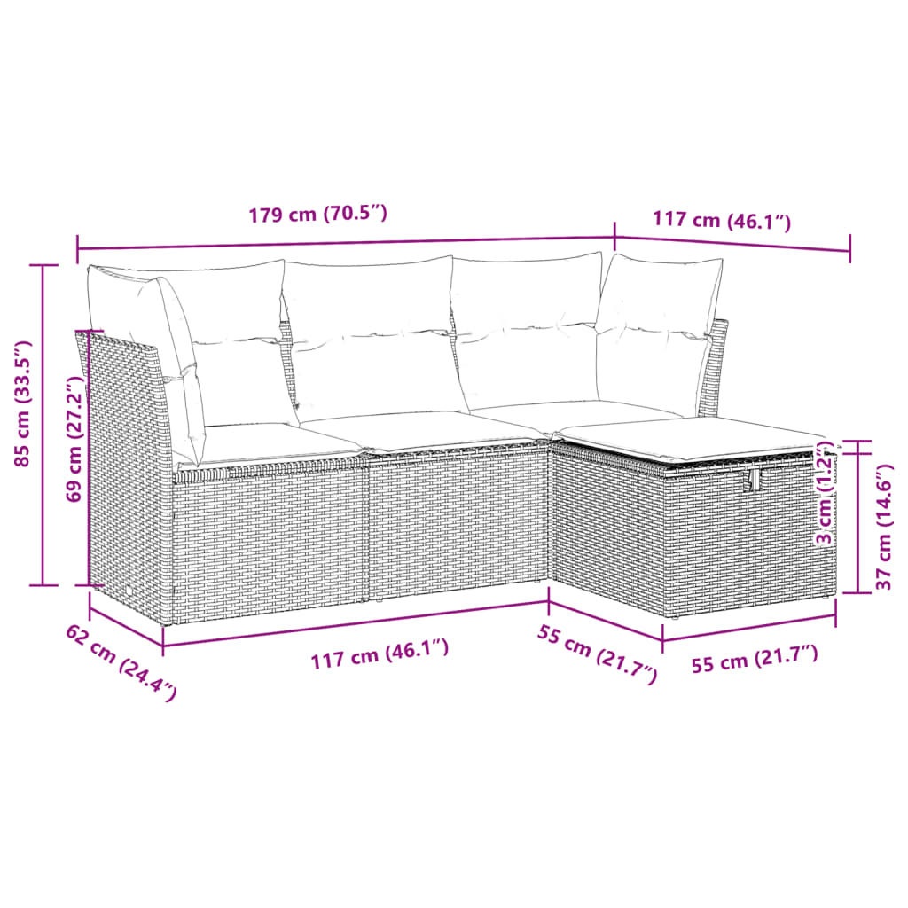Set Divano da Giardino 4 pz con Cuscini Marrone in Polyrattan - homemem39
