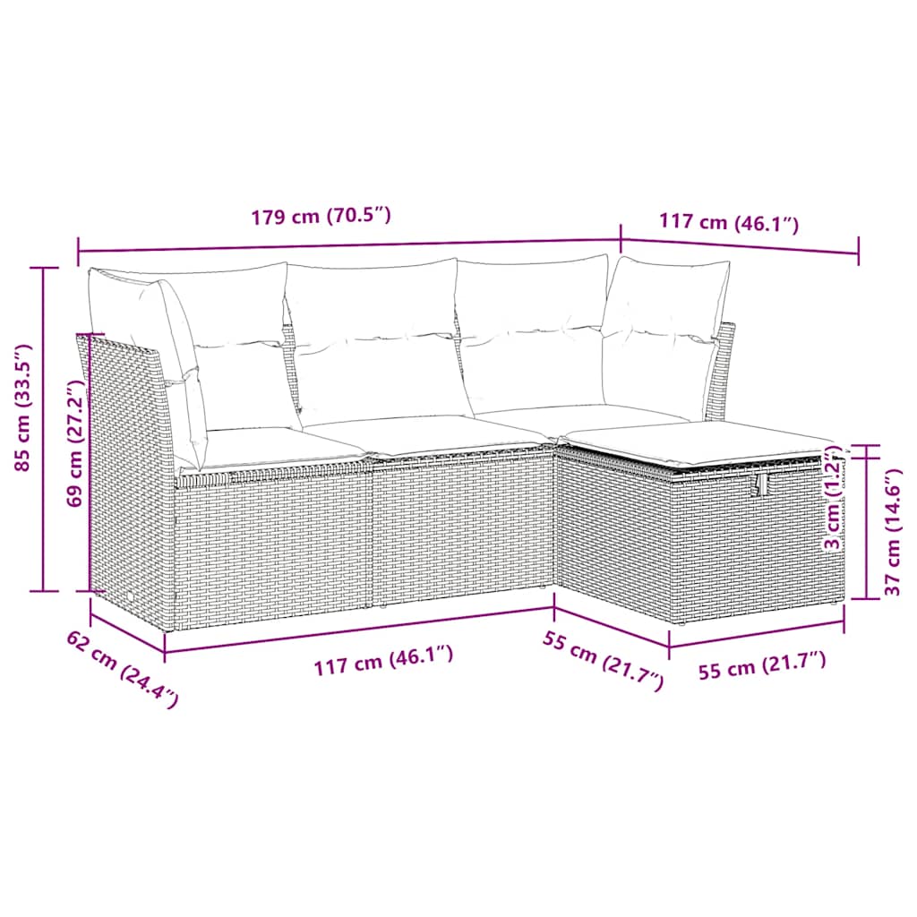 Set Divano da Giardino 4 pz con Cuscini Marrone in Polyrattan | homemem39