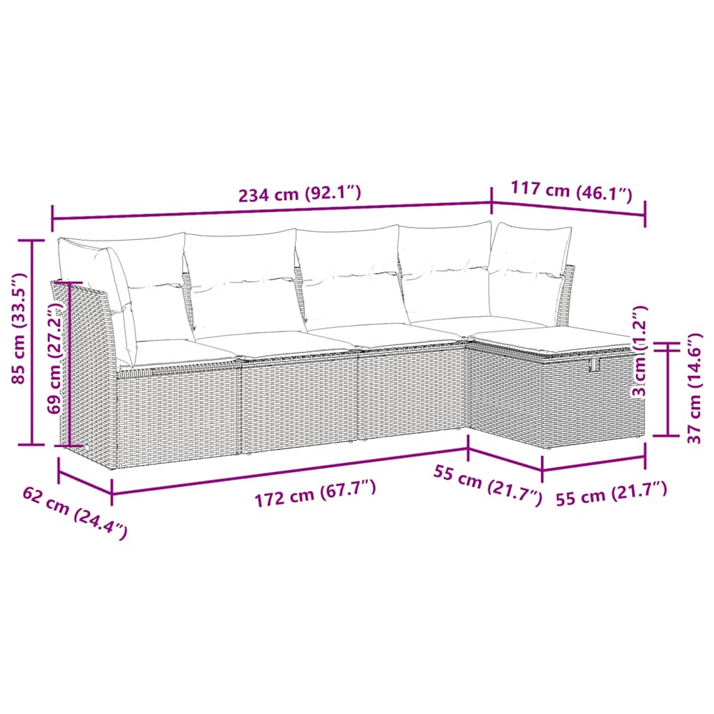 Set Divano da Giardino 5 pz con Cuscini Marrone in Polyrattan | homemem39