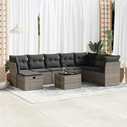 Set Divano da Giardino 9 pz con Cuscini Grigio in Polyrattan
