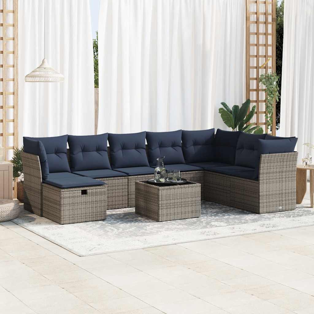 Set Divano da Giardino 9 pz con Cuscini Grigio in Polyrattan | homemem39