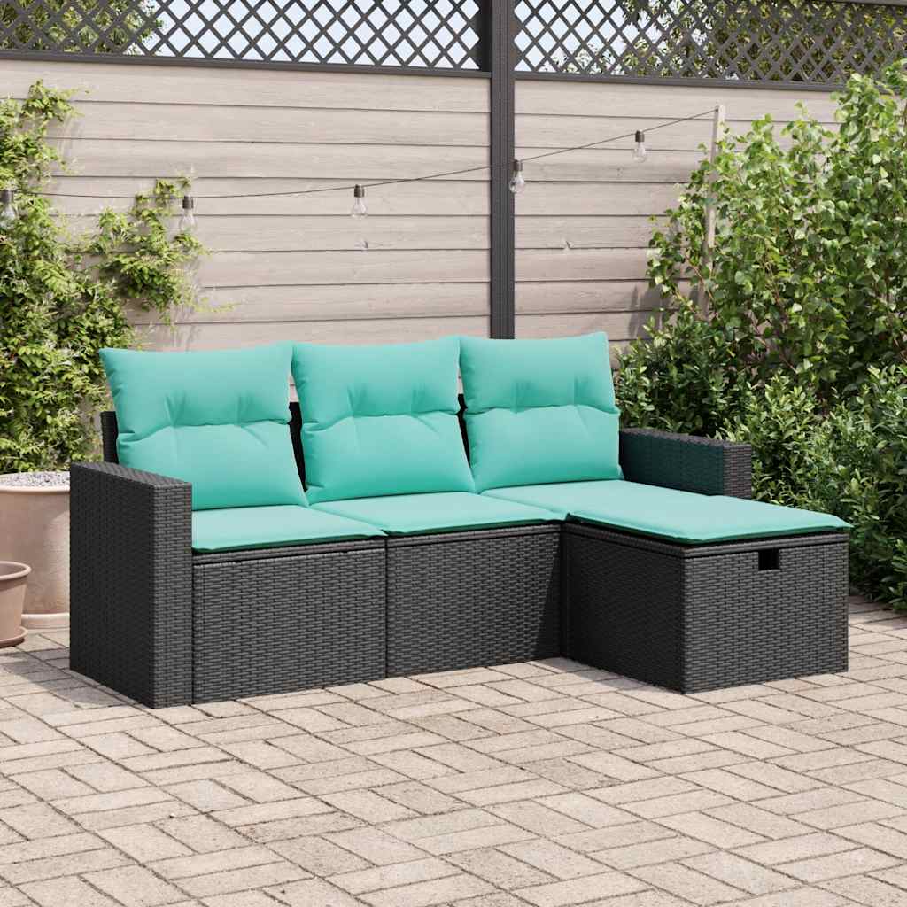 Set Divani da Giardino 4 pz con Cuscini Nero in Polyrattan | homemem39