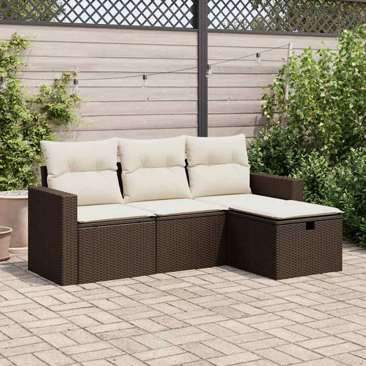 Set Divano da Giardino 4 pz con Cuscini Marrone in Polyrattan - homemem39