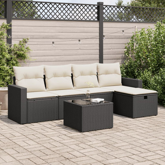 Set Divano da Giardino 6 pz con Cuscini Nero in Polyrattan