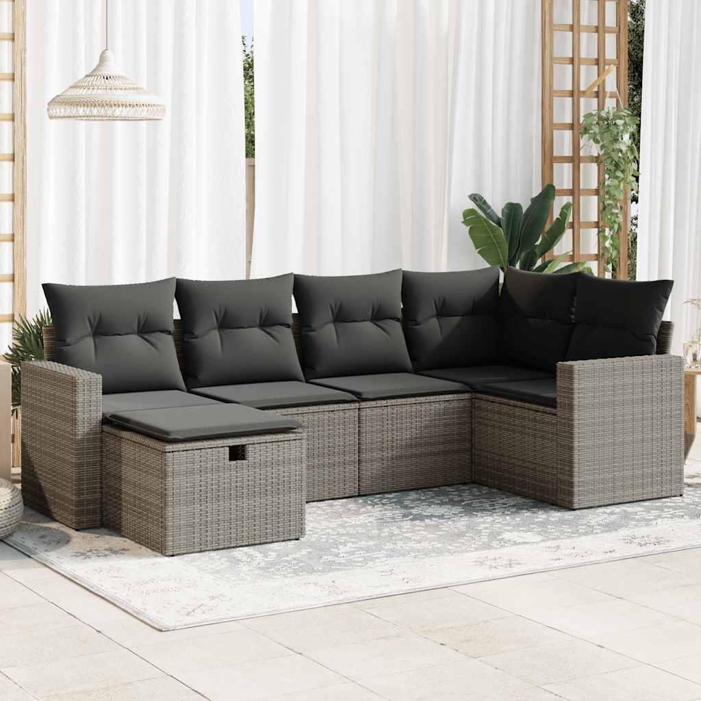Set Divano da Giardino 6 pz con Cuscini Grigio in Polyrattan
