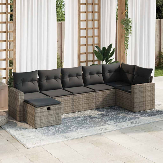 Set Divani da Giardino 7 pz con Cuscini Grigio in Polyrattan