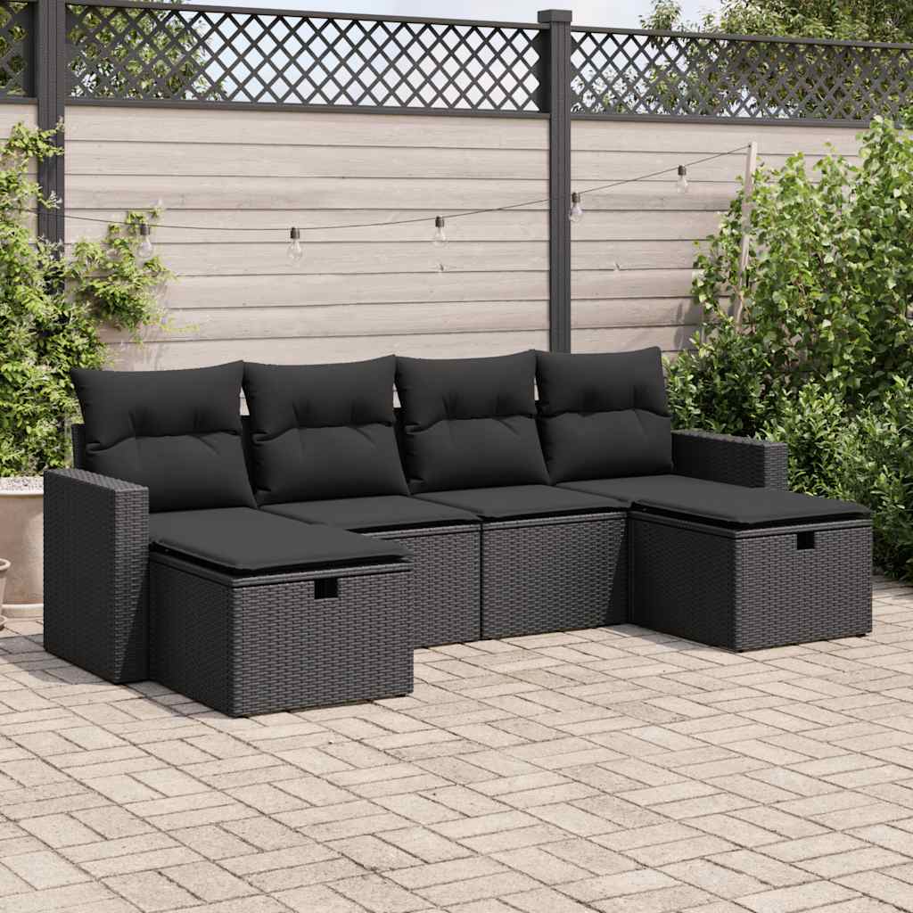 Set Divano da Giardino 6 pz con Cuscini Nero in Polyrattan | homemem39