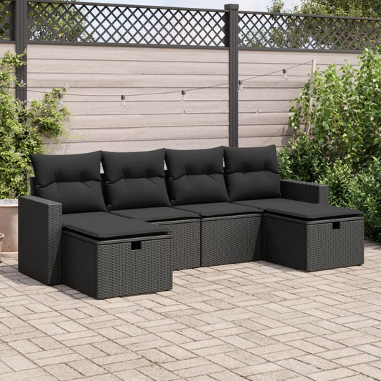 Set Divano da Giardino 6 pz con Cuscini Nero in Polyrattan