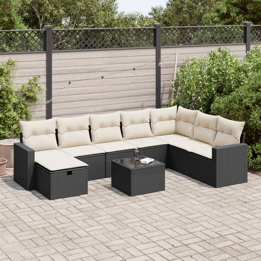 Set Divani da Giardino 9 pz con Cuscini Nero in Polyrattan