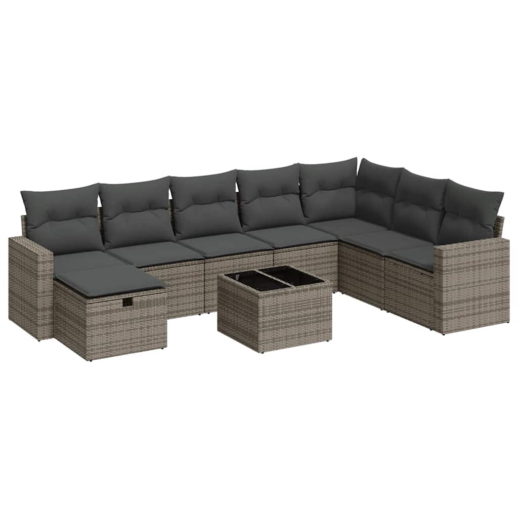 Set Divano da Giardino 9 pz con Cuscini Grigio in Polyrattan