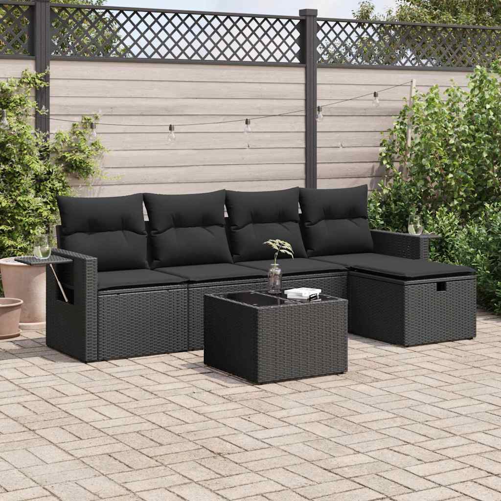 Set Divano da Giardino 6 pz con Cuscini Nero in Polyrattan | homemem39