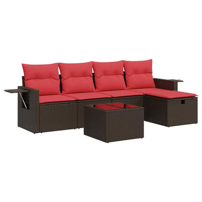 Set Divano da Giardino 6 pz con Cuscini Marrone in Polyrattan