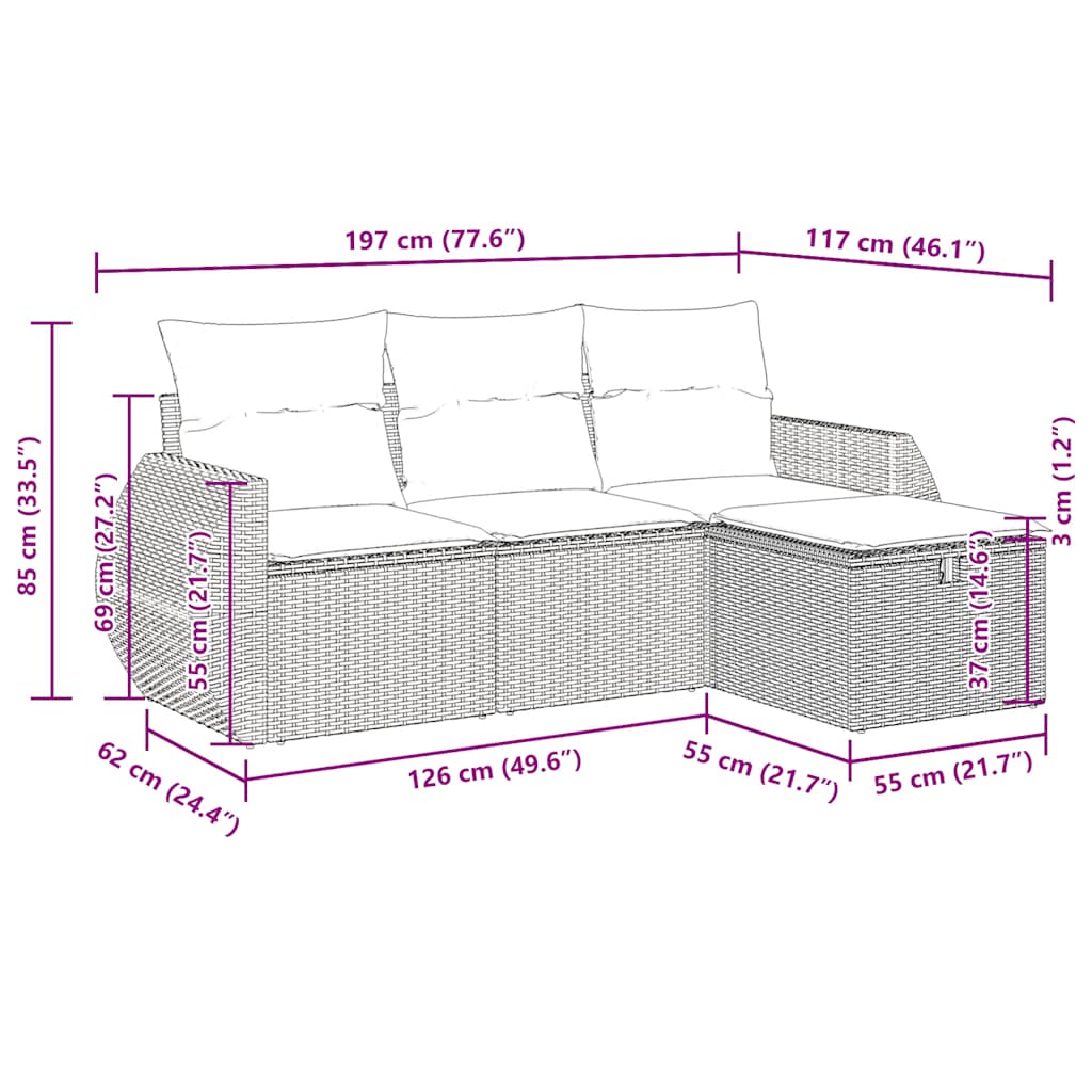 Set Divani da Giardino 4 pz con Cuscini Nero in Polyrattan | homemem39