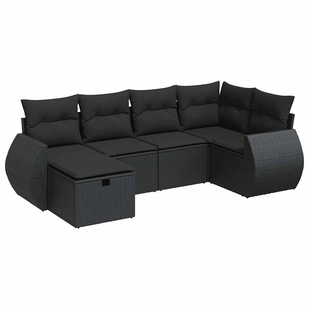 Set Divano da Giardino 6 pz con Cuscini Nero in Polyrattan