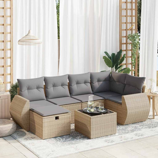 Set Divani da Giardino 7 pz con Cuscini Beige in Polyrattan