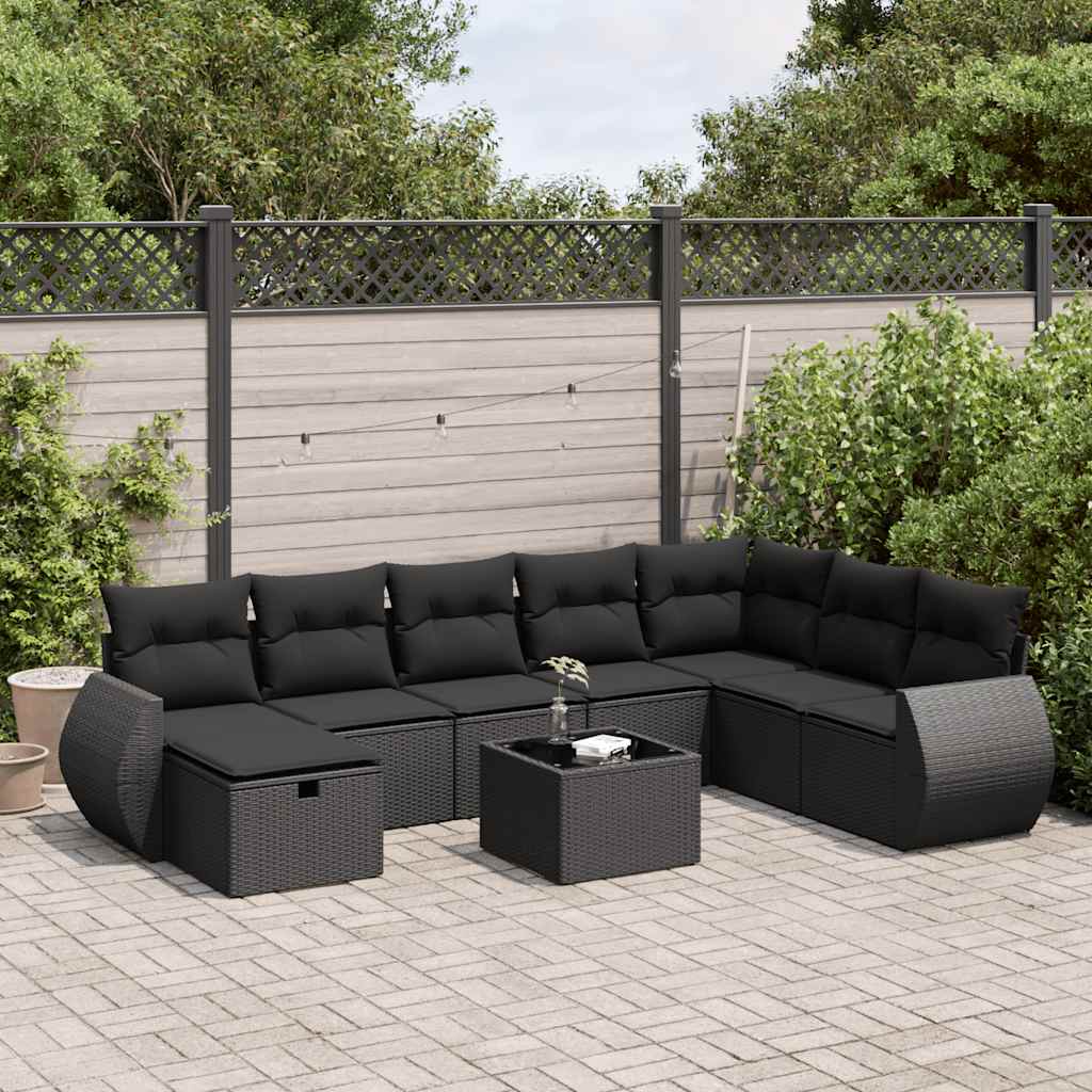 Set Divani da Giardino 9 pz con Cuscini Nero in Polyrattan | homemem39