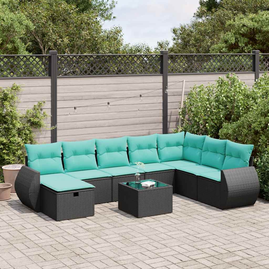 Set Divani da Giardino 9 pz con Cuscini Nero in Polyrattan | homemem39