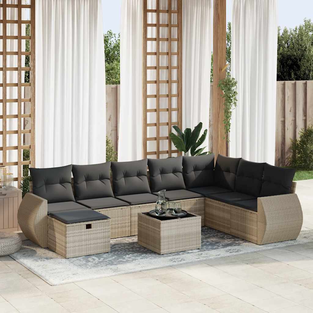 Set Divano da Giardino 9pz con Cuscini Grigio Chiaro Polyrattan - homemem39
