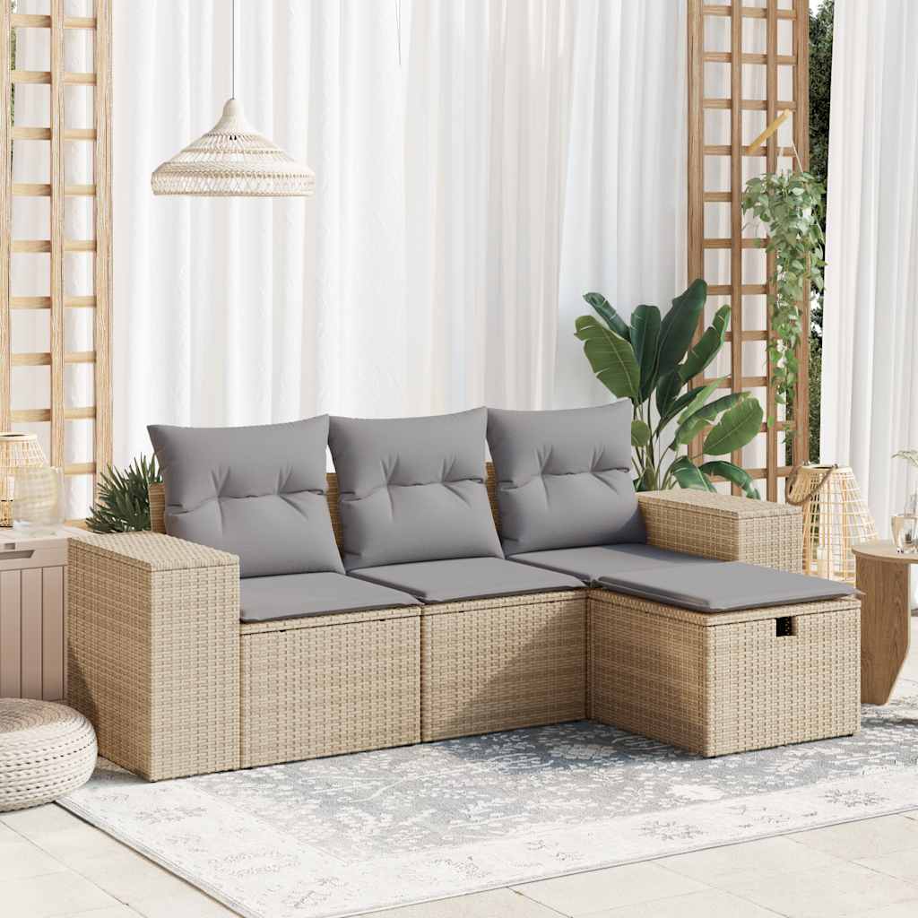 Set Divano da Giardino 4 pz con Cuscini Beige in Polyrattan - homemem39