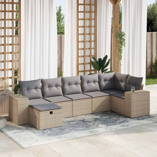 Set Divani da Giardino 7 pz con Cuscini Beige in Polyrattan
