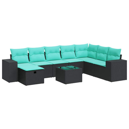 Set Divani da Giardino 9 pz con Cuscini Nero in Polyrattan