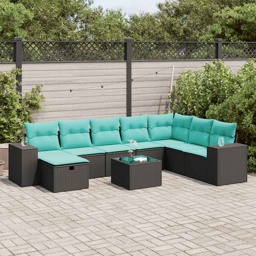 Set Divani da Giardino 9 pz con Cuscini Nero in Polyrattan | homemem39