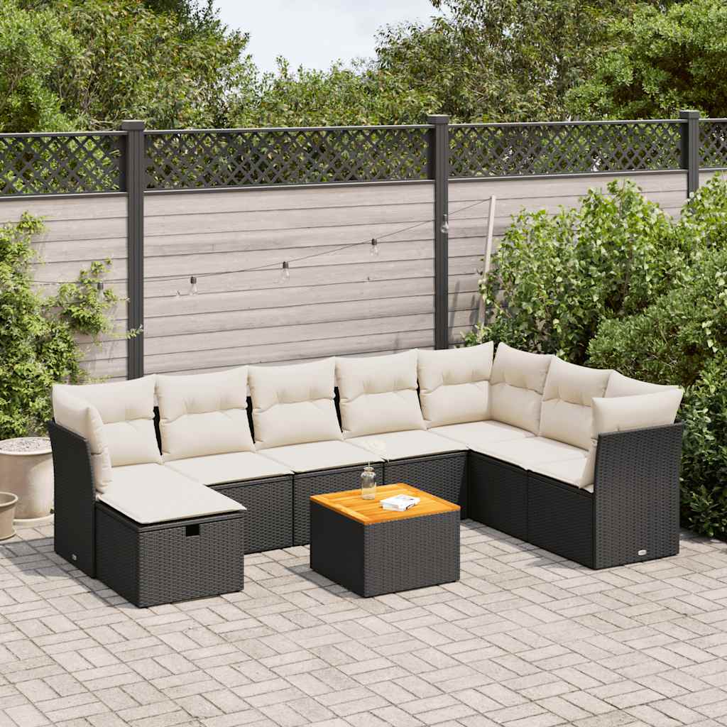Set Divani da Giardino 9 pz con Cuscini Nero in Polyrattan - homemem39