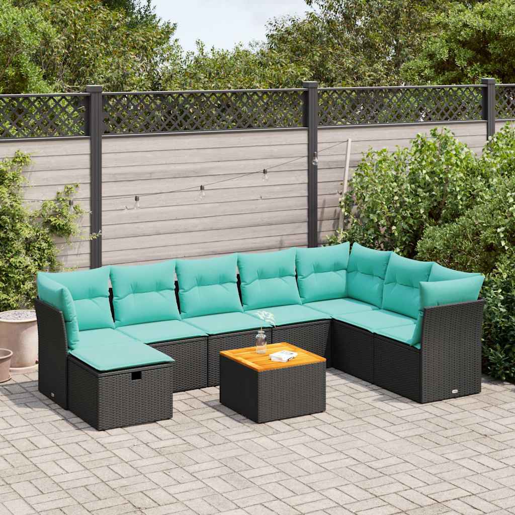 Set Divani da Giardino 9 pz con Cuscini Nero in Polyrattan | homemem39