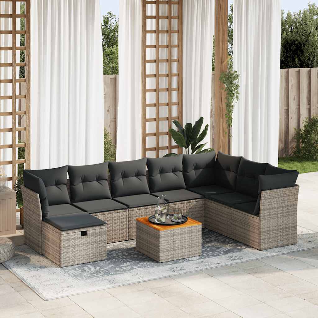 Set Divano da Giardino 9 pz con Cuscini Grigio in Polyrattan