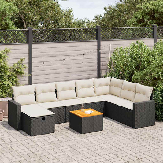 Set Divani da Giardino 9 pz con Cuscini Nero in Polyrattan