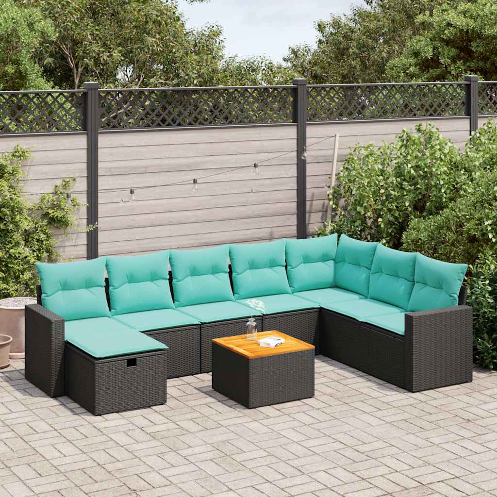 Set Divani da Giardino 9 pz con Cuscini Nero in Polyrattan | homemem39