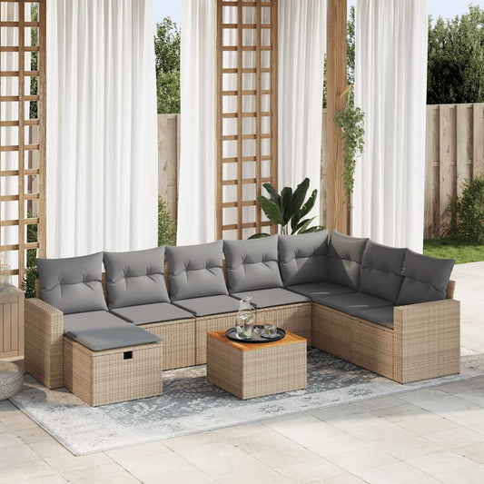 Set Divano da Giardino 9 pz con Cuscini Beige in Polyrattan