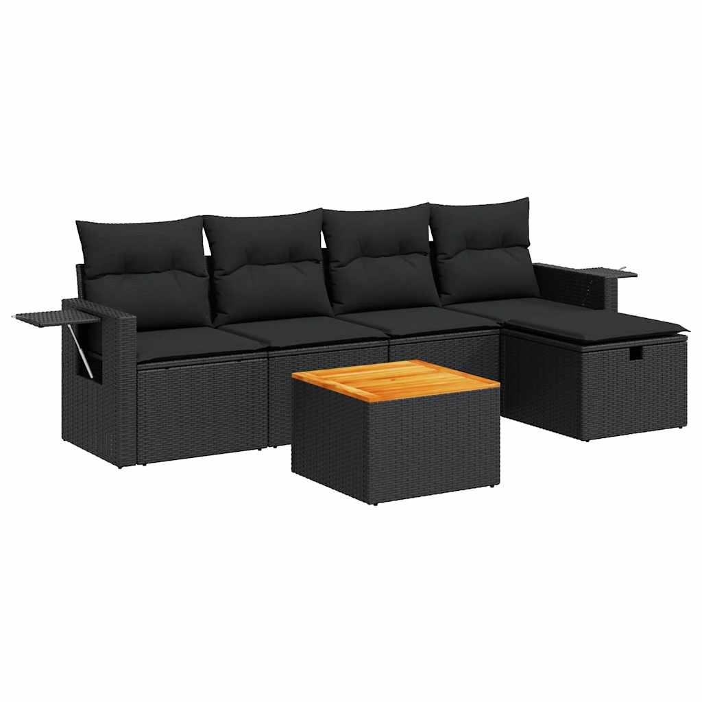 Set Divano da Giardino 6 pz con Cuscini Nero in Polyrattan