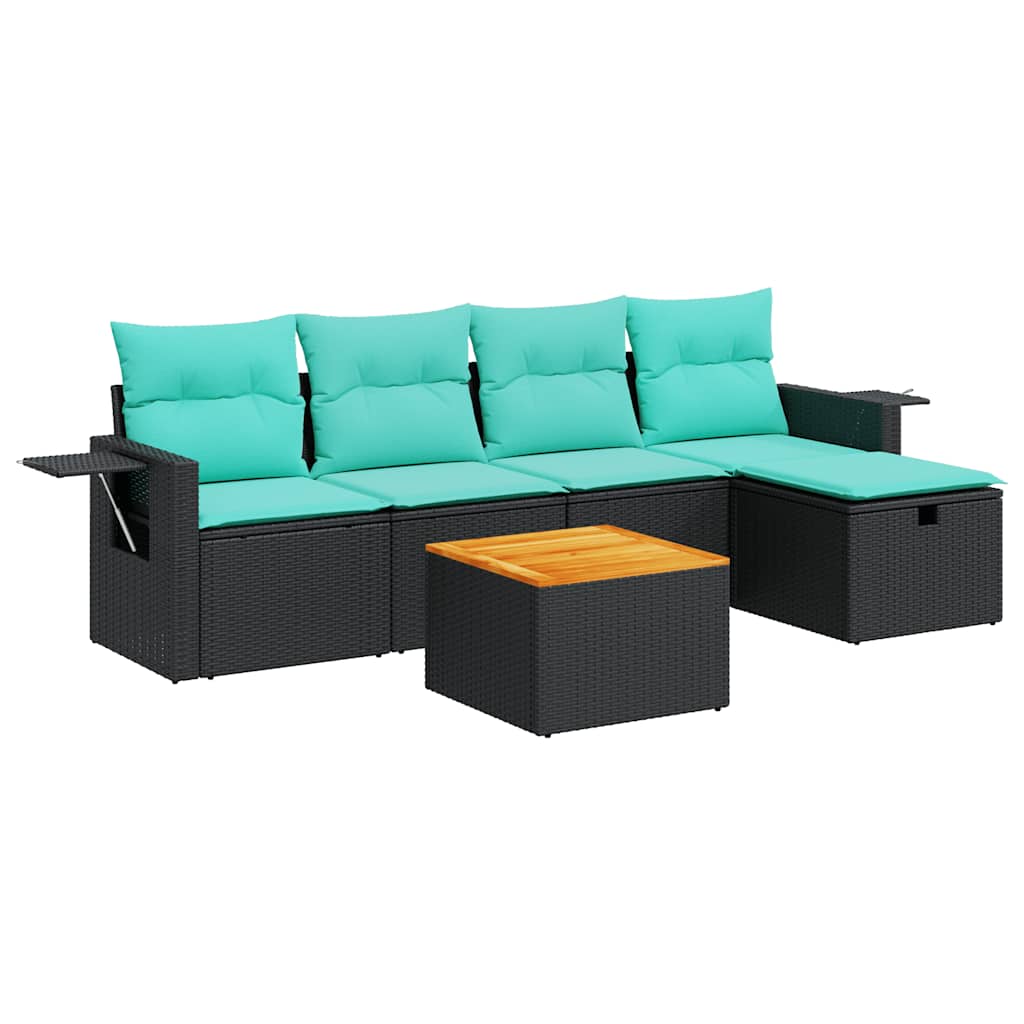 Set Divano da Giardino 6 pz con Cuscini Nero in Polyrattan