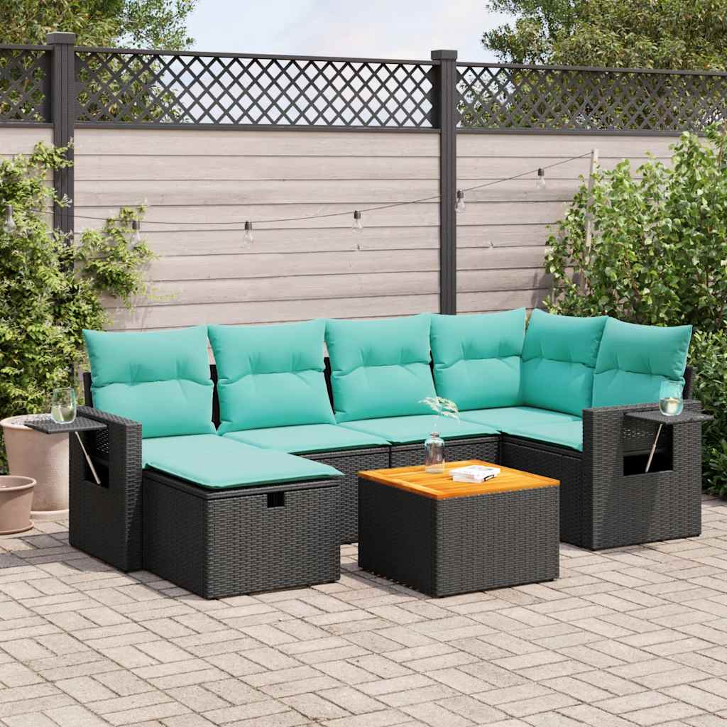 Set Divani da Giardino con Cuscini 7pz Nero Polyrattan