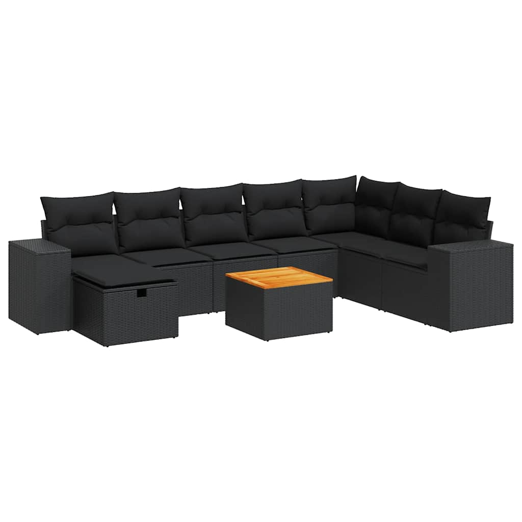 Set Divani da Giardino 9 pz con Cuscini Nero in Polyrattan