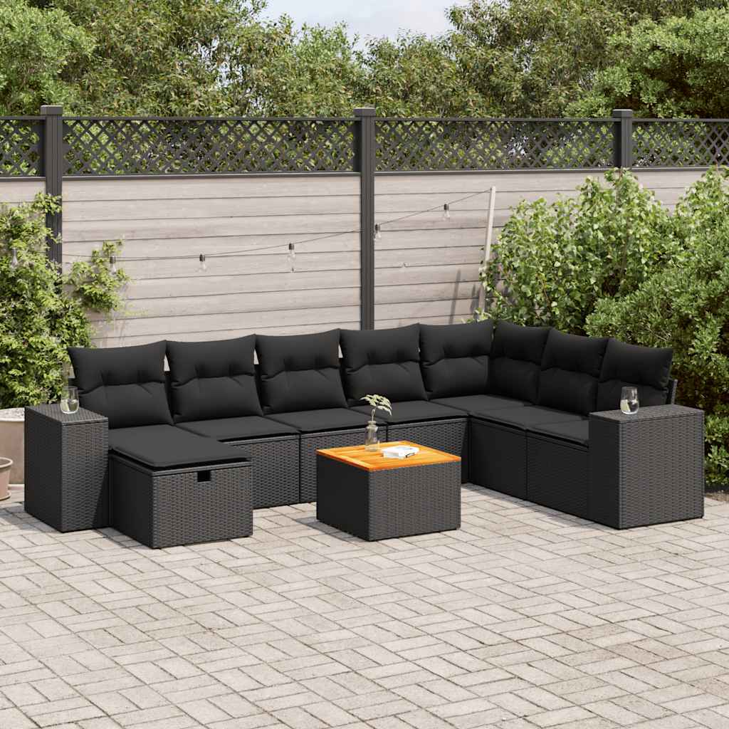 Set Divani da Giardino 9 pz con Cuscini Nero in Polyrattan