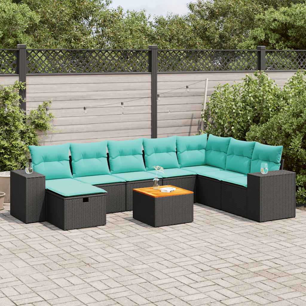 Set Divani da Giardino 9 pz con Cuscini Nero in Polyrattan | homemem39