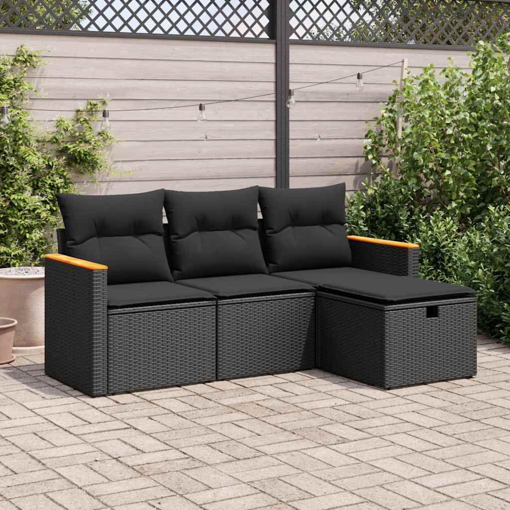 Set Divani da Giardino 4 pz con Cuscini Nero in Polyrattan | homemem39