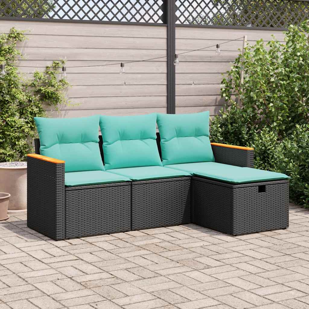 Set Divani da Giardino 4 pz con Cuscini Nero in Polyrattan | homemem39