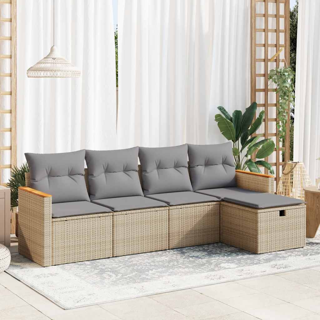 Set Divano da Giardino 5 pz con Cuscini Beige in Polyrattan - homemem39