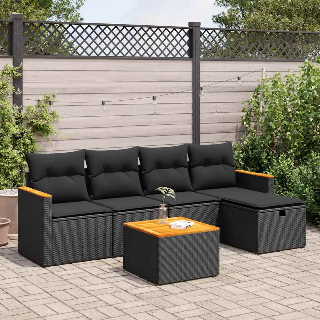 Set Divano da Giardino 6 pz con Cuscini Nero in Polyrattan | homemem39