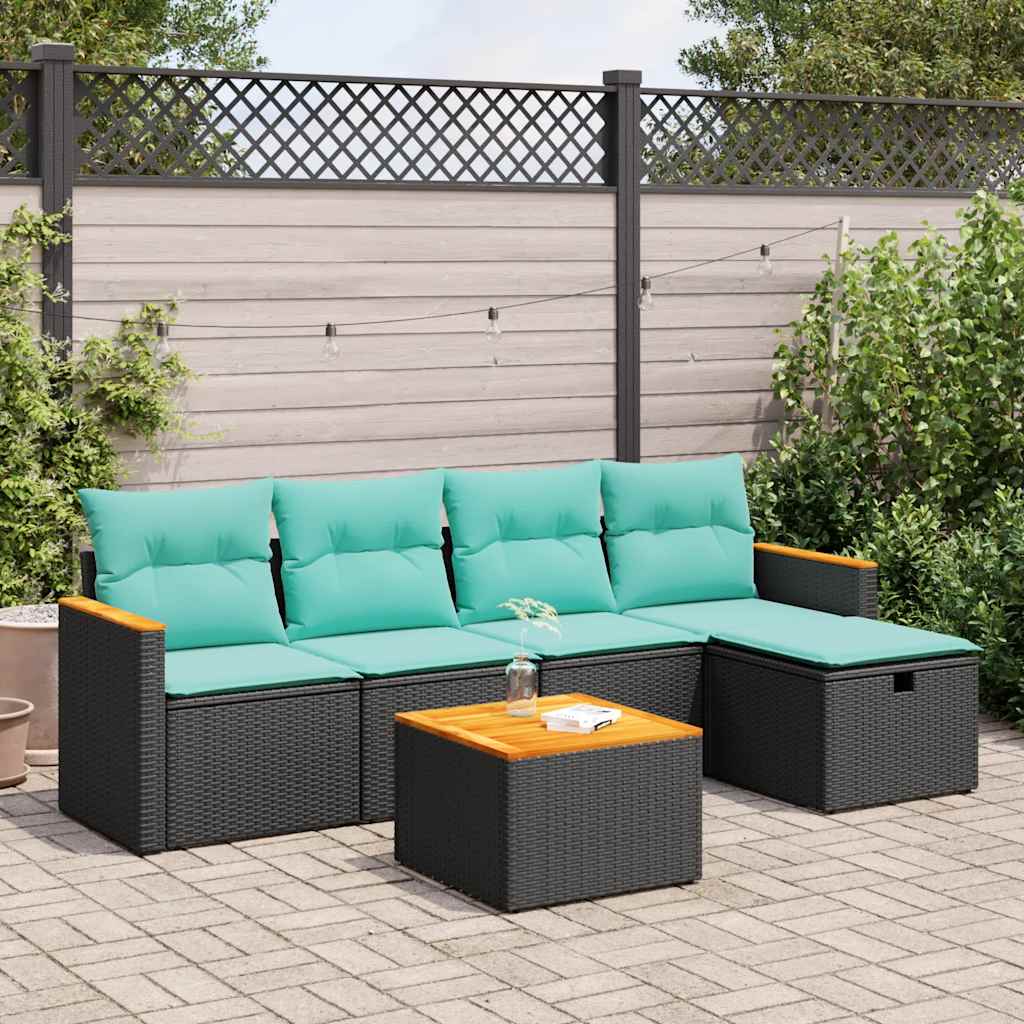 Set Divano da Giardino 6 pz con Cuscini Nero in Polyrattan