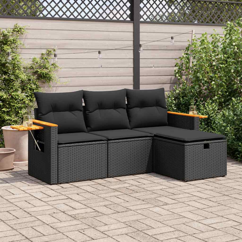 Set Divani da Giardino 4 pz con Cuscini Nero in Polyrattan | homemem39