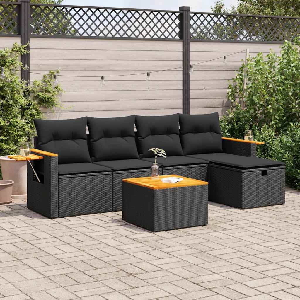 Set Divano da Giardino 6 pz con Cuscini Nero in Polyrattan | homemem39