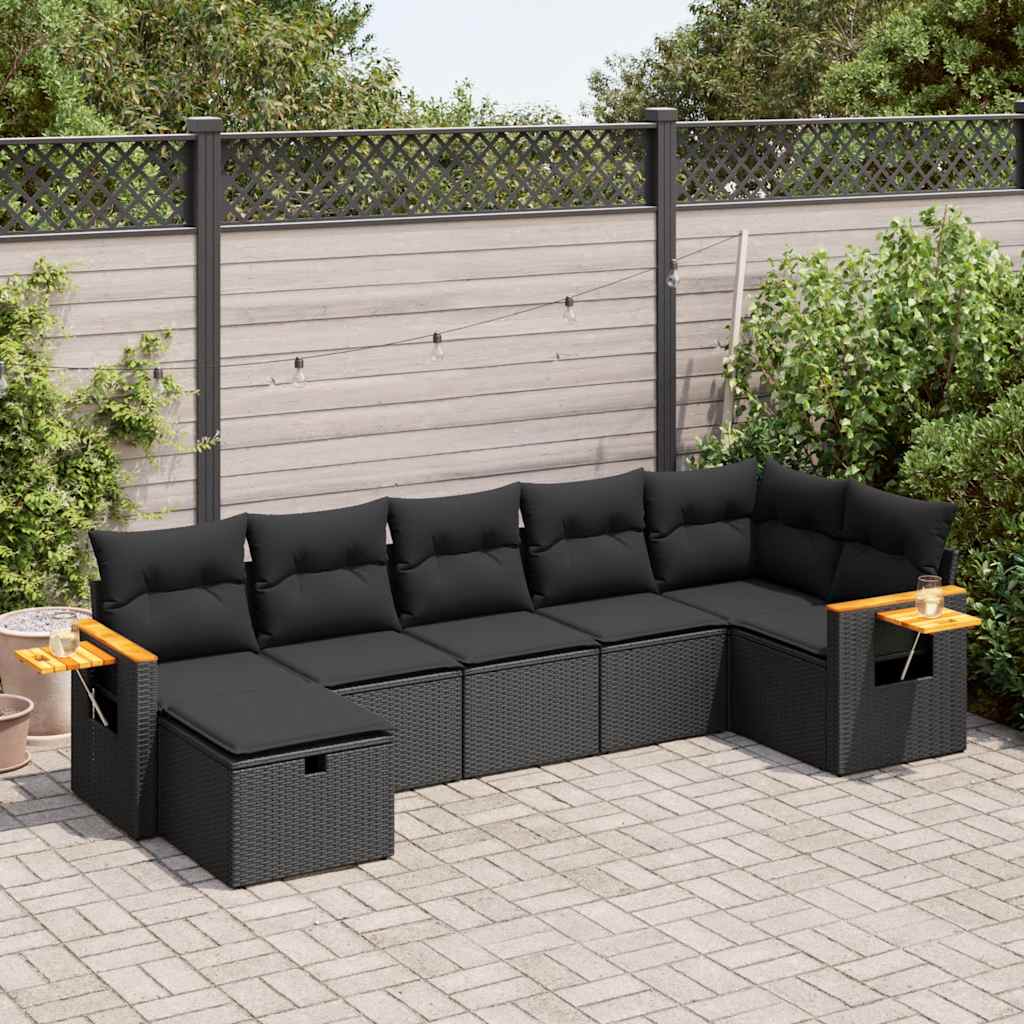 Set Divani da Giardino con Cuscini 7pz Nero Polyrattan