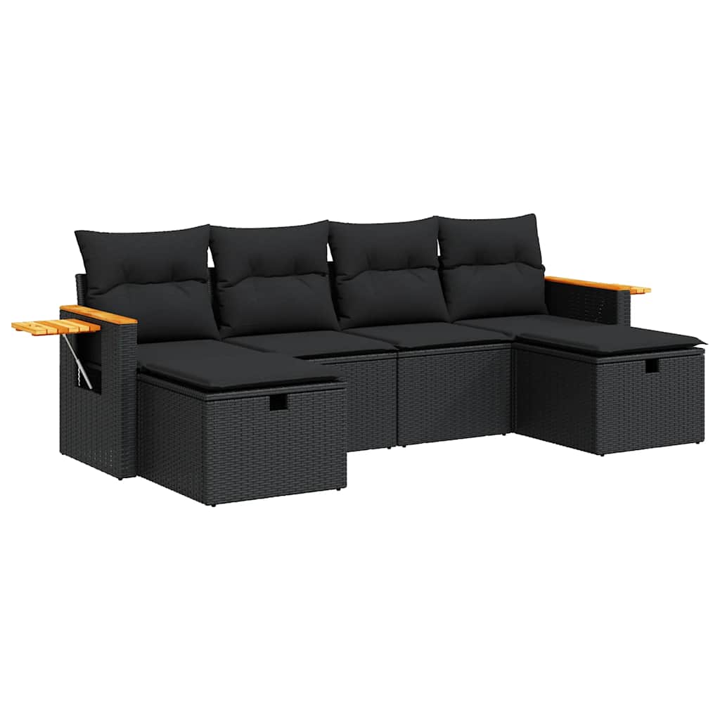 Set Divano da Giardino 6 pz con Cuscini Nero in Polyrattan