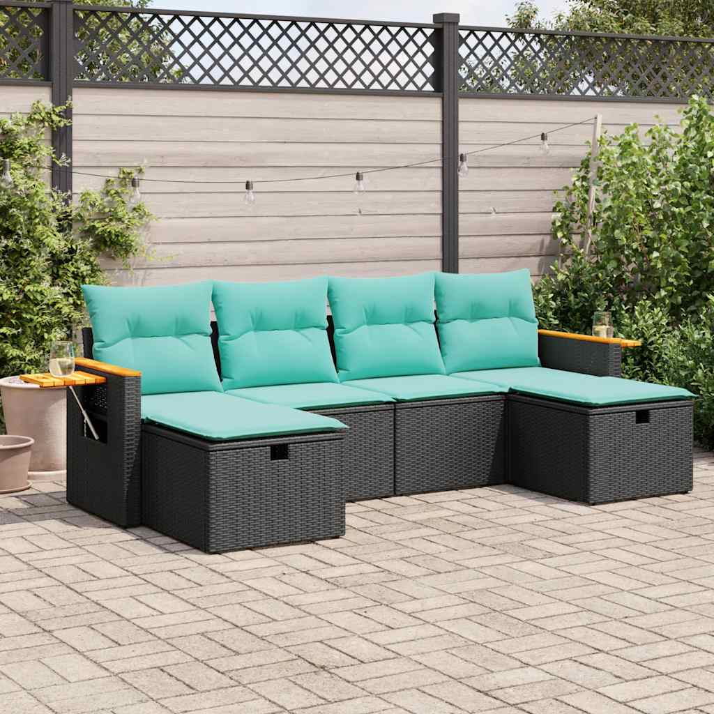 Set Divano da Giardino 6 pz con Cuscini Nero in Polyrattan | homemem39