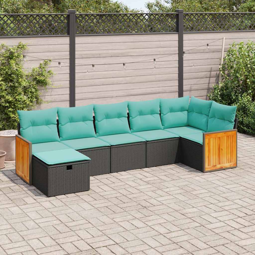 Set Divani da Giardino con Cuscini 7pz Nero Polyrattan