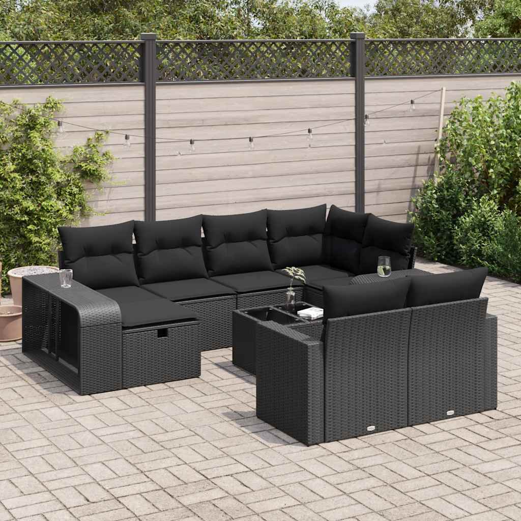 Set Divani da Giardino 11 pz con Cuscini in Polyrattan Nero | homemem39